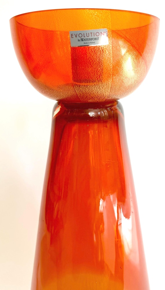 Tall Waterford Crystal Candlestick Holder Vintage Evolution by Waterford Orange Ombre Smokey Purple Modernist Minimalist Style 14.5"