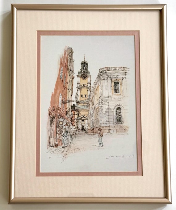 Minimalist European City Village Art Print Framed 9” x 11.5” Framed Vertical Minimalist Pastel Watercolor Line Drawing
