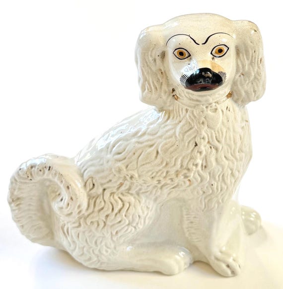 Vintage 10" Staffordshire Dog Statuette Figure Antique Staffordshire Style Sitting White Spaniel Worn Gold Collar English Ceramics