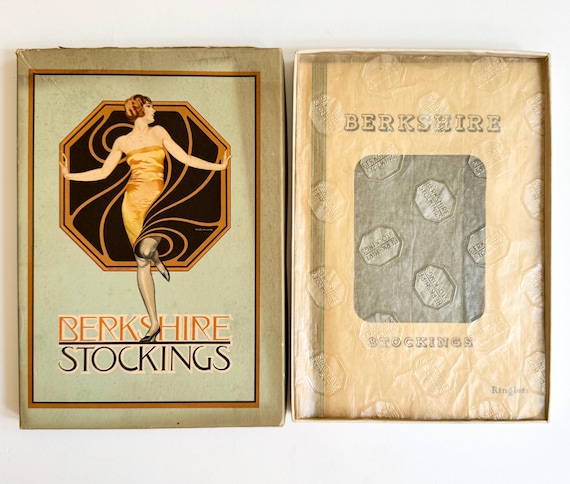 Antique Berkshire Stockings in Art Deco Box: 1920s Flapper Hosiery, Size 9.5