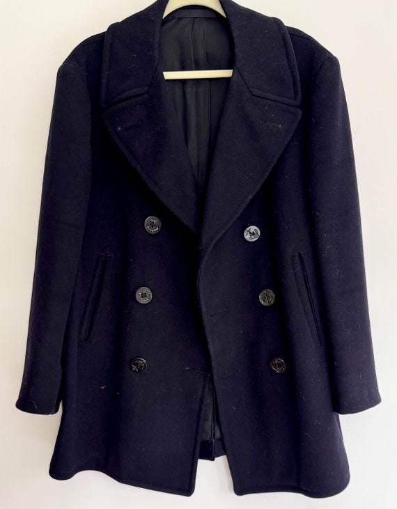 True Vintage 60s Navy Peacoat Dark Navy Blue Wool Naval Clothing Department Anchor Embossed Buttons French Girl Jane Birkin Classic Military