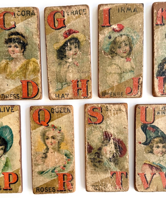 Antique Victorian Alphabet Wooden Blocks Fashion Figures Chromolithograph Children Toy