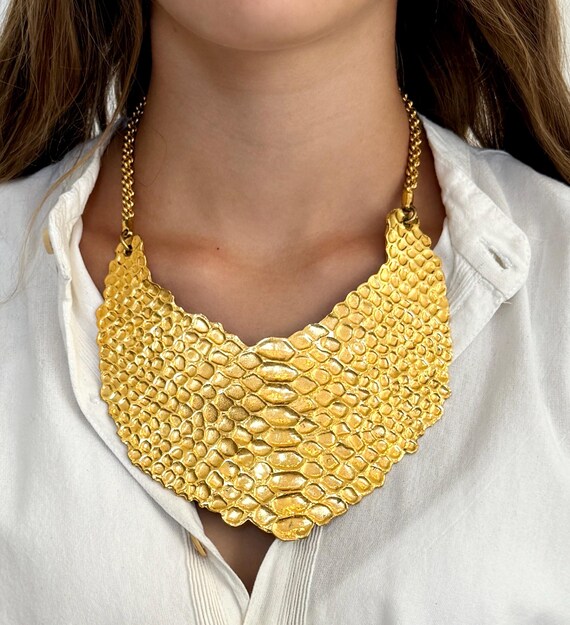 Yves Saint Laurent Necklace YSL Gold Bib Necklace Vintage 90s French Designer Costume Jewelry Python Snakeskin Plate YSL Chain Link Closure