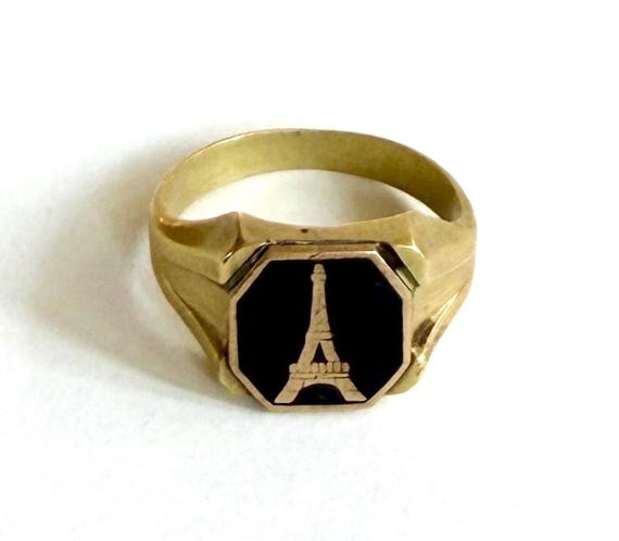 Rare Antique Brass Paris Eiffel Tower Souvenir Signet Ring 1920’s 30s Black Enamel Gold Band 11.25