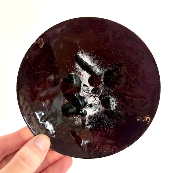 Vintage French Enamel Trinket Glossy Aubergine Enameled Copper