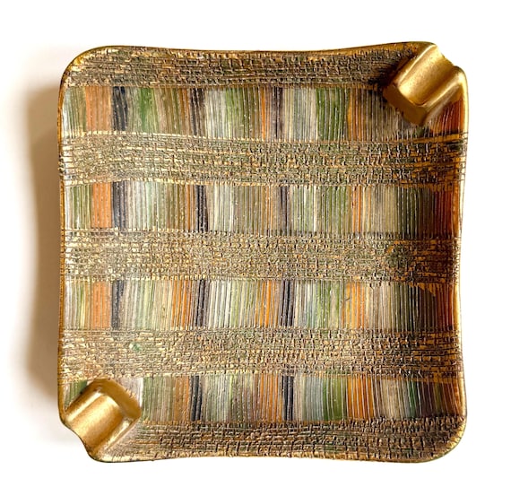 Mid Century Italian Ceramic Ashtray 8” Square Gold Textured Earth Tone Glaze
