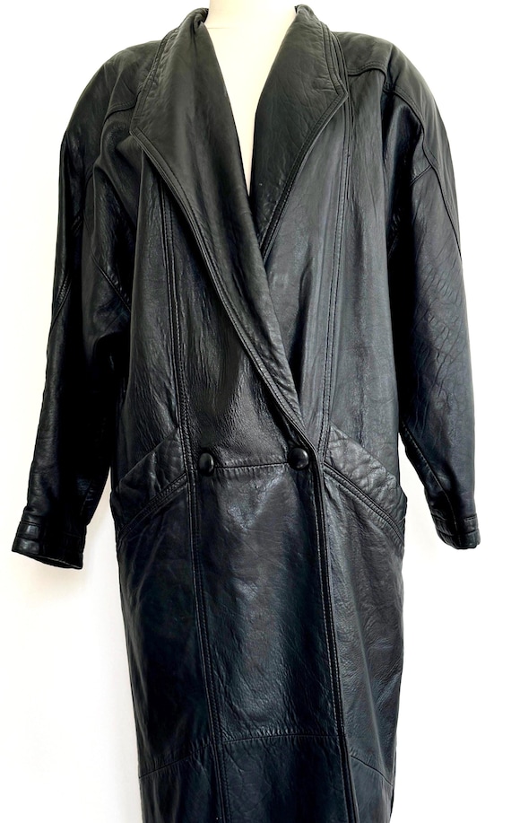 Vintage Black Leather Jacket 80s 90s Trench Overcoat