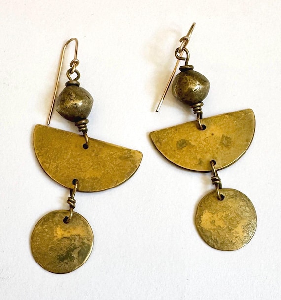 Vintage Brass Drop Earrings Brushed Matte Gold Tone Brass Long Dangle Vintage Handmade Jewelry