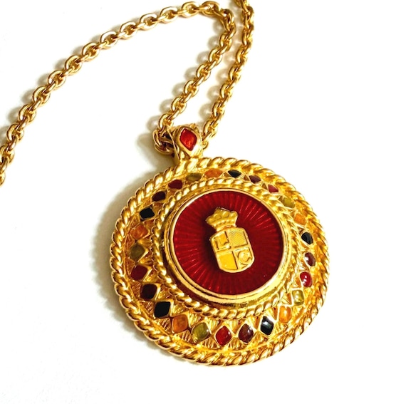 Vintage 80s Enamel Gold Medallion Necklace