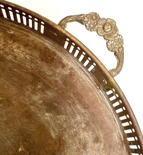 Old Brass Serving Tray Vintage Antique Aged Patina Round Circle Serving Vanity Tray Embossed Floral Handles