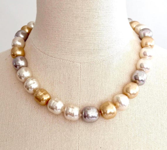Heavy Vintage Freshwater Pearl Necklace Three Tone Gold Silver White Pearls