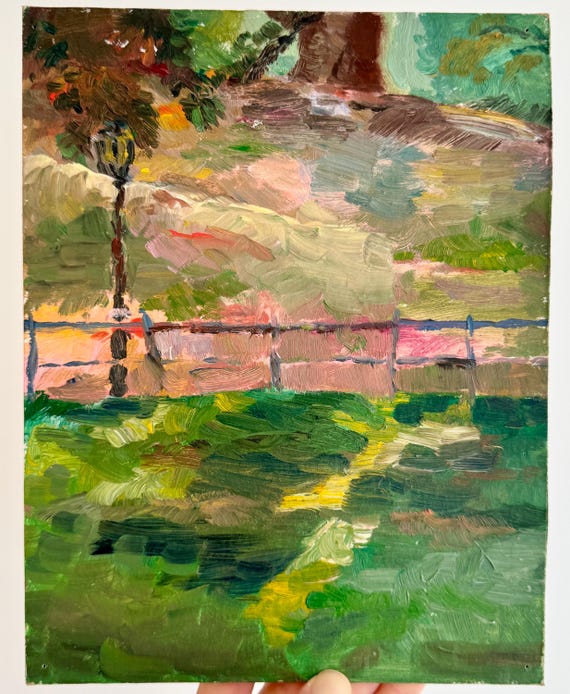 Vintage Original Landscape Painting Impressionist Green Pink Brown Small Vertical Original Art