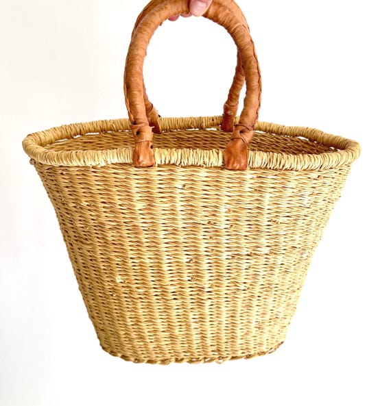 Vintage Straw Basket Bag Tan Leather Handles Jane Birkin Style