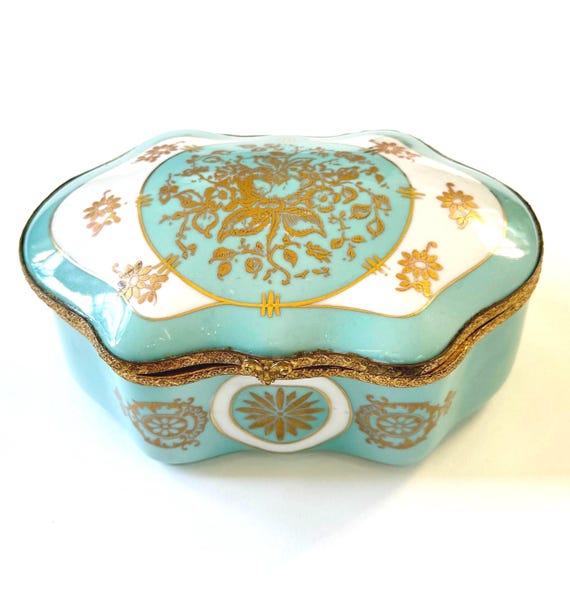 Large French Porcelain Jewelry Box Made in France Robins Egg Blue White Gilt Hand Painted Floral