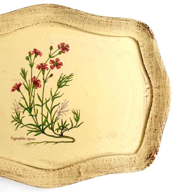 Large Vintage Florentine Floral Tray Painted Wood Gyphsophila Repens Flower