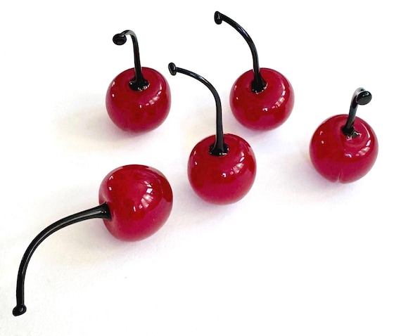 Murano Glass Cherry Set Lot of 5 Life Size Cherries Fruit Sculpture