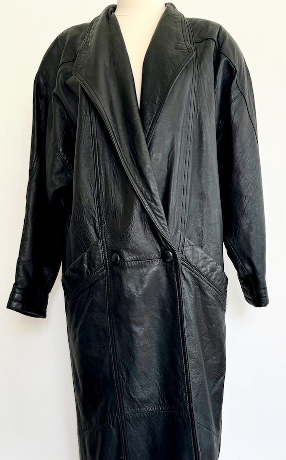Buttery Black Leather Jacket Trench Coat Vintage 80s Made in Korea Oversized Padded Shoulders Button Front Soft Leather Padded Shoulder