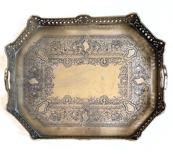 Vintage Ornate Decorative Silver Tray with Handles