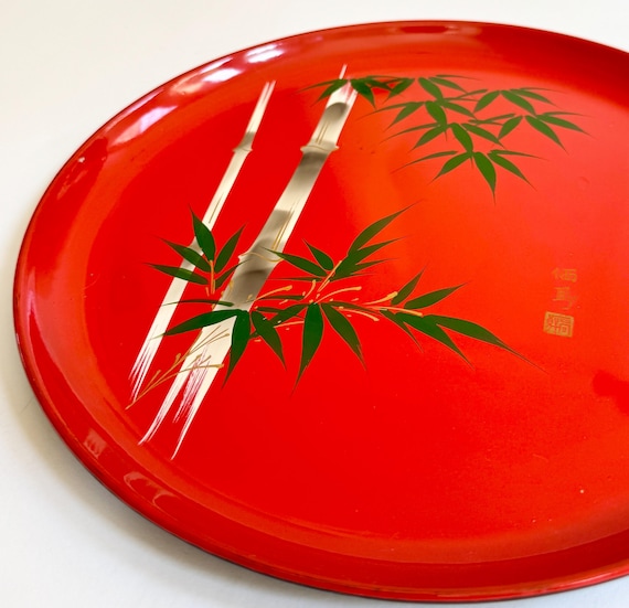Vintage Bamboo Lacquerware Tray Mid-Century Japanese Round Circle Tomato Red Serving Decorative Serving Tray