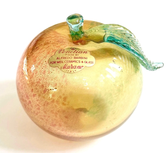 Alfredo Barbini Murano Glass Fruit Venetian Gold Speckled Apple Sculpture Made in Italy