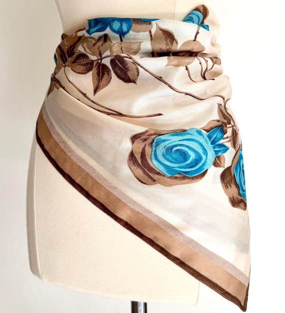 Vintage Italian Floral Scarf Blue Rose Print