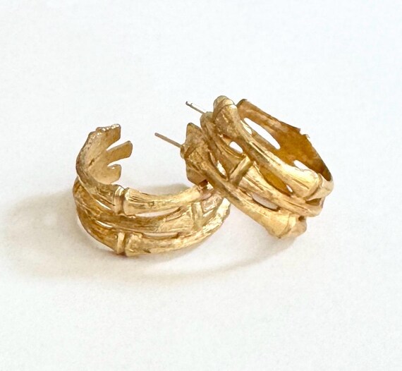 Gold Bamboo Hoop Earrings Vintage French Costume Jewelry Brushed Matte Gold Finish 1” Double Faux Bamboo Hoops