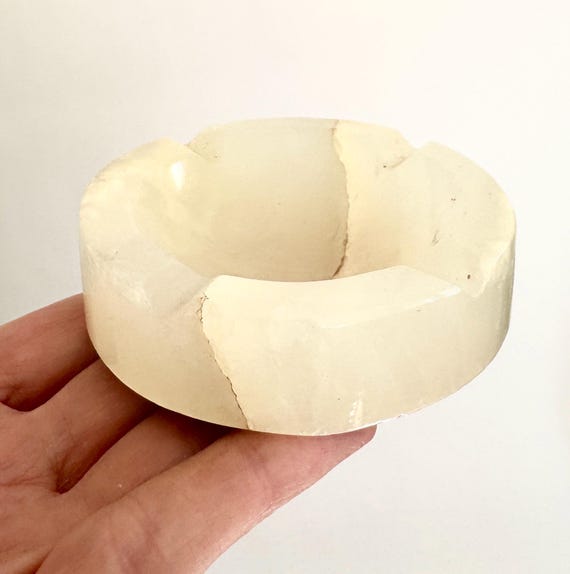 Vintage White Onyx Ashtray Small Dish Catchall Natural Polished Stone Mid Century MCM Minimalist Round Circle Circular Home Decor