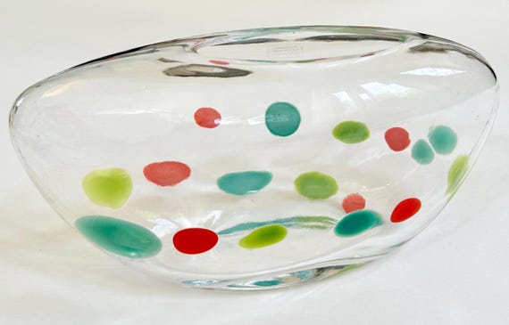 Handmade Glass Vase Polka Dot Brushstroke Dots Spotted Atomic Green Orange Blue Vintage Retro Asymmetrical Oval Original Label Oblong