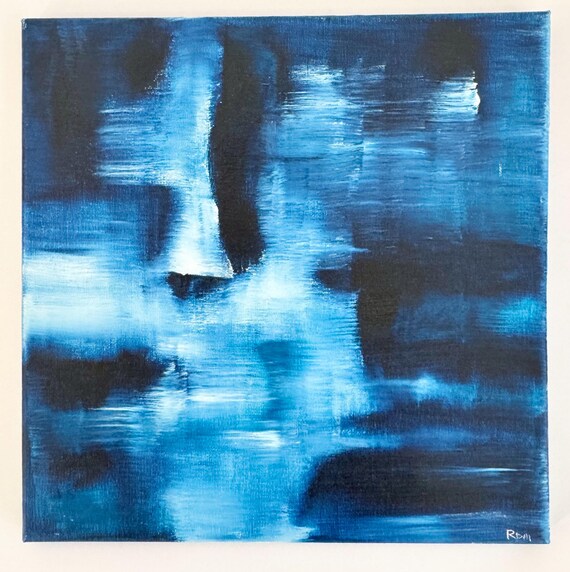 Original Oil Painting Blue White Abstract Modern Art Small Square Stretched Canvas Signed Original Art 12”x12” Minimalist Wall Art