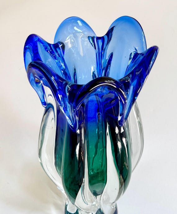 Vintage Blue Glass Tulip Vase Original 1999 Label Royal Gallery Federated Department Store Poland Thick Scalloped Blue Green Clear Glass