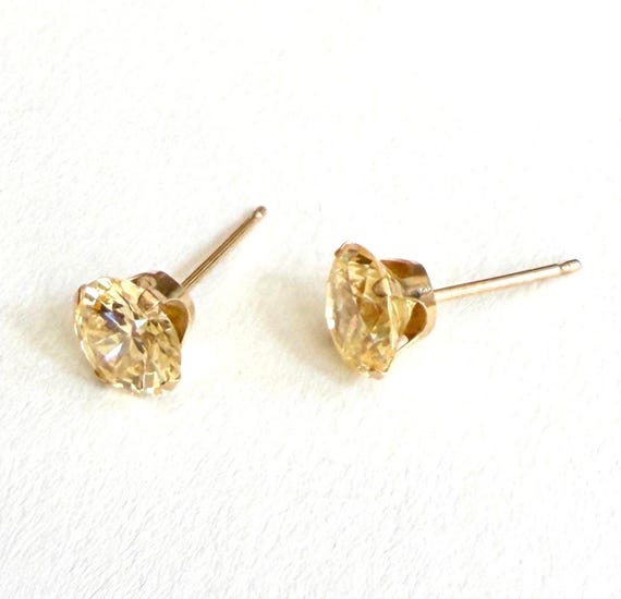 Vintage Solid 14K Gold Earrings Minimalist Canary Yellow CZ Studs