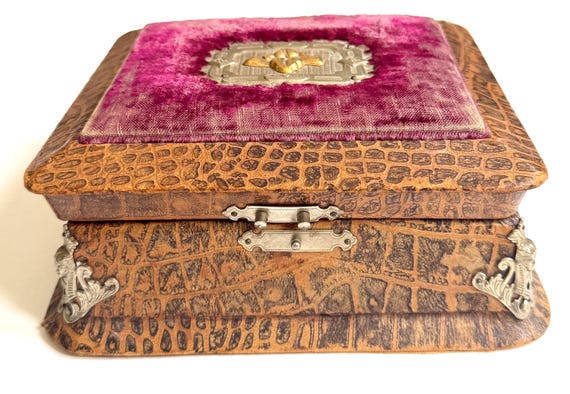 Antique Egyptian Revival Jewelry Box: Animal Print Leather, Sphinx Corners