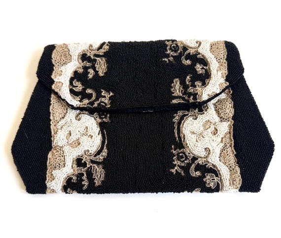 Antique French Beaded Purse Made in Paris France Black and White