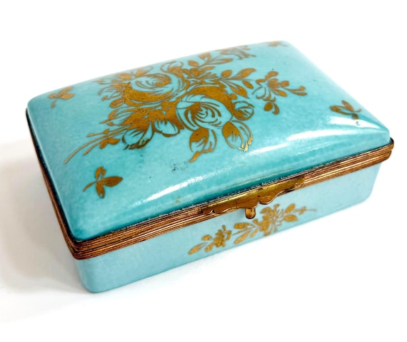 Large French Porcelain Jewelry Box Made in France Hand Painted Gilt and Robins Egg Blue