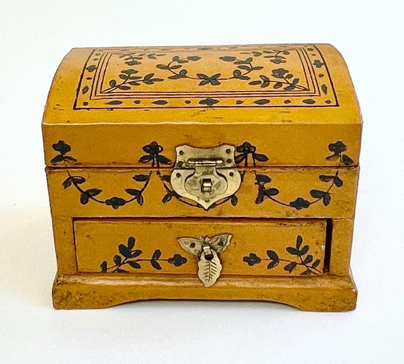 Vintage Wood Jewelry Box with Drawer Hinged Lid Mustard Yellow Hand Painted Flowers Floral Design Brass Hardware Rustic Folk Style