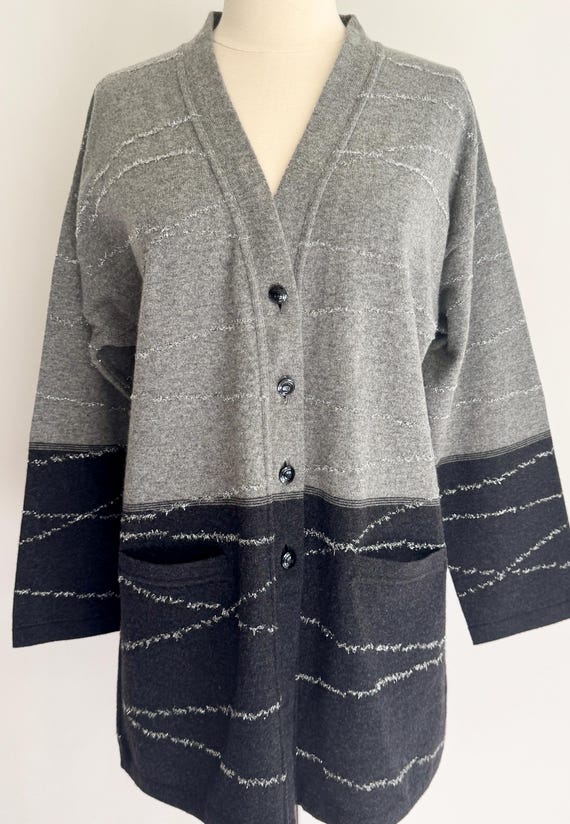 Vintage Escada Sweater Cardigan 80s 90s Two Tone Gray Charcoal Metallic Lurex Wool Cashmere Blend Long Boyfriend Fit