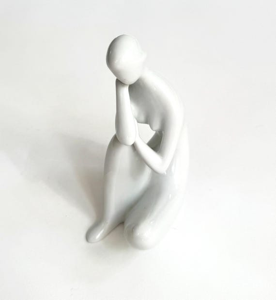 White Porcelain Female Nude Sculpture Figure Sitting Seated Woman Vintage Mid Century 60s Royal Dux Minimalist Sculptural Art Object