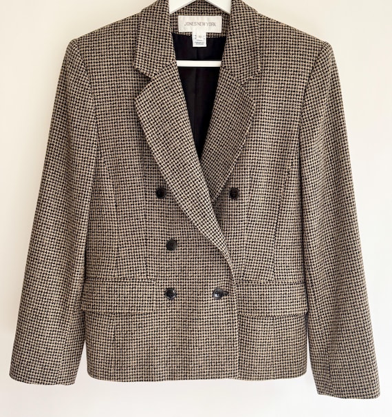 Vintage Houndstooth Blazer Jacket Made in USA 80s Brown Black Wool Minimalist Menswear Double Breasted Style Womens