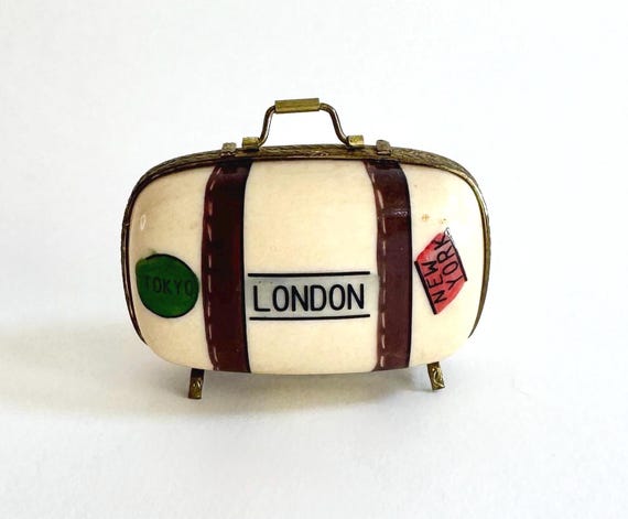 Vintage Limoges Suitcase Box Hand Painted Porcelain London Paris New York International Travel Stickers Tiny Trinket Box Made in France