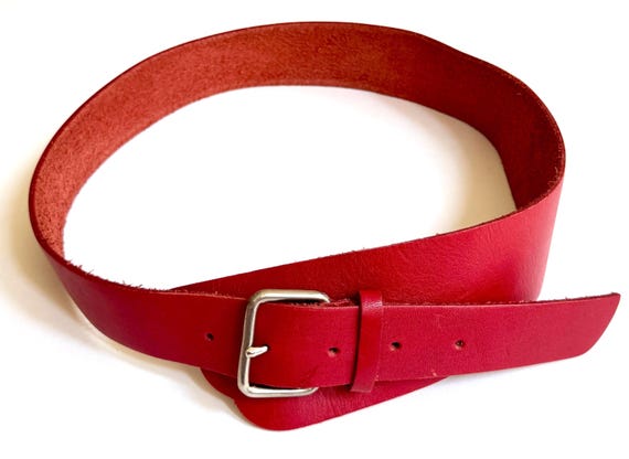Vintage Red Leather Belt, Asymmetrical Silver Buckle, Minimalist Women's Waist Belt