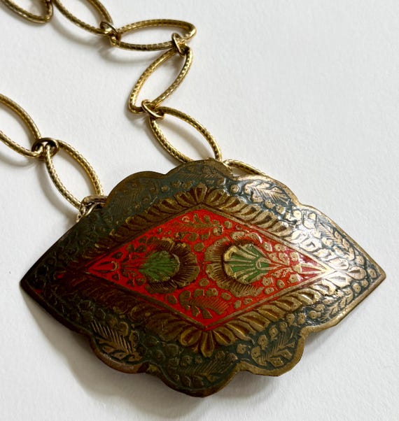 70s Enamel Brass Necklace Vintage Gold Tone Link Chain Mid Century Vintage Indian Brass Colored Enamel Pendant Plate Boho Jewelry