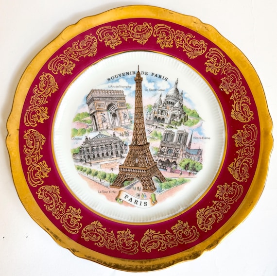 Limoges Paris Souvenir Plate Vintage French Porcelain Decorative Dish Gilt Edge Eiffel Tower Notre Dame Sacre Coeur Arc de Triomphe 8.5"