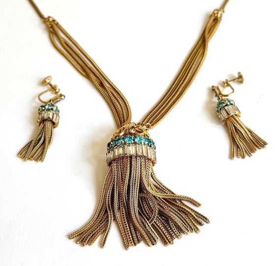 Vintage Gold Mesh and Crystal Jewelry Set Bird Cage Neckace Drop Earrings