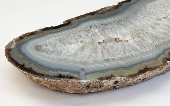 10.75” Gray Agate Slab Vintage Natural Polished Brazilian Layered Striated Clear Crystal Gray Blue from Brazil Long Large Rocks Geodes