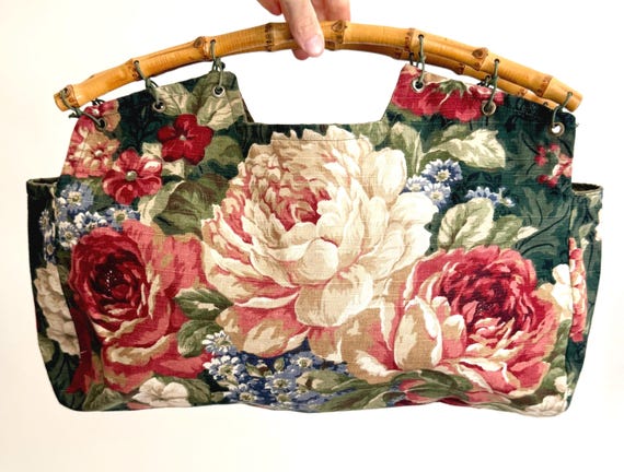 Handmade Floral Knitting Bag Vintage Pastel Rose Peony Print Fabric Bamboo Wood Handles Bag for Yarn
