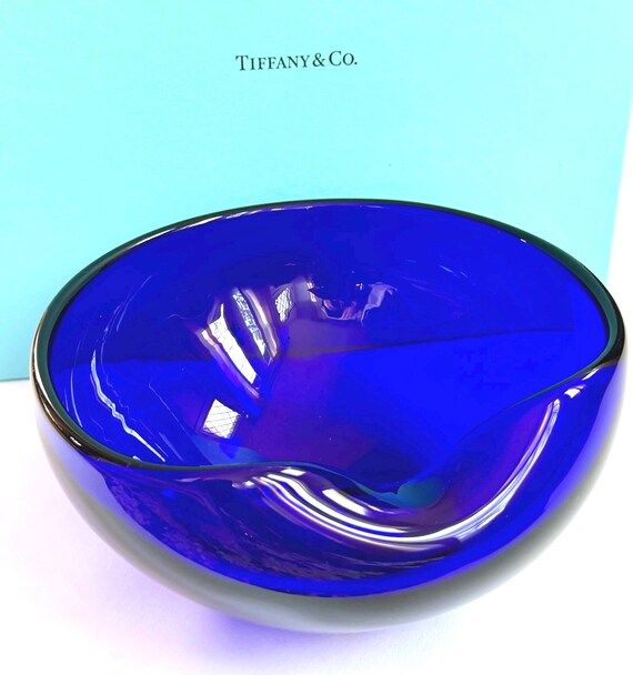 Vintage Elsa Peretti for Tiffany Cobalt Blue Glass Thumbprint Bowl Minimalist Sculptural Modernist Home Decor