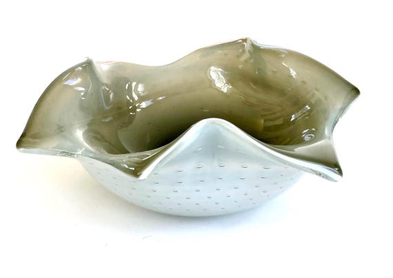 Vintage Art Glass Dish Smokey Gray Bubble Glass MCM Decor