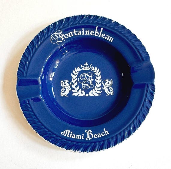 Vintage Fountainebleau Hotel Ashtray Miami Beach Souvenir Dish with Crest Blue White Harkerware Liverpool