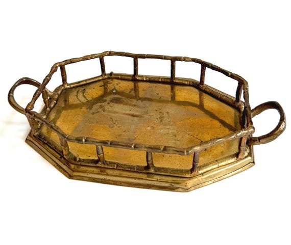 Mid Century Brass Bamboo Tray with Handles Small Octagonal Shape