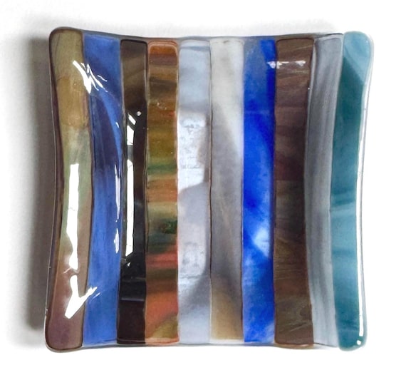Signed Fused Glass Dish Ashtray Fine Striped Blue Clear Smokey Brown Black Glass Collectible Vintage Mid Century Art Glass 4.75” Square